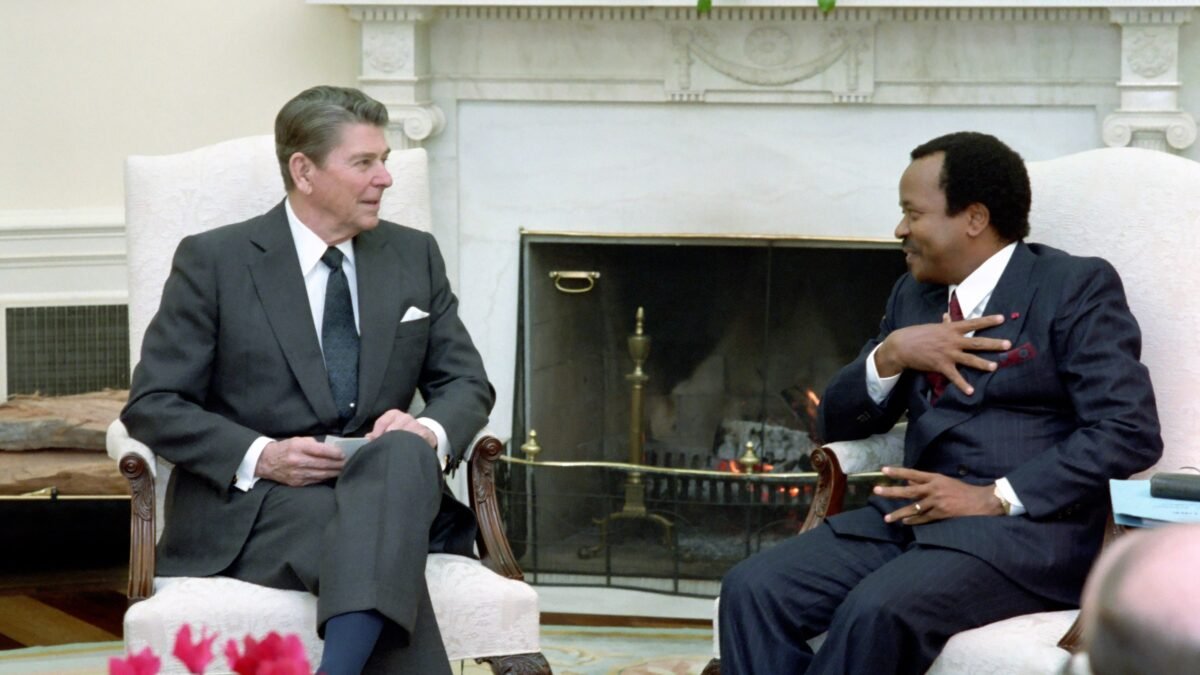 President Paul Biya of Cameroon meeting President Ronald Reagan.