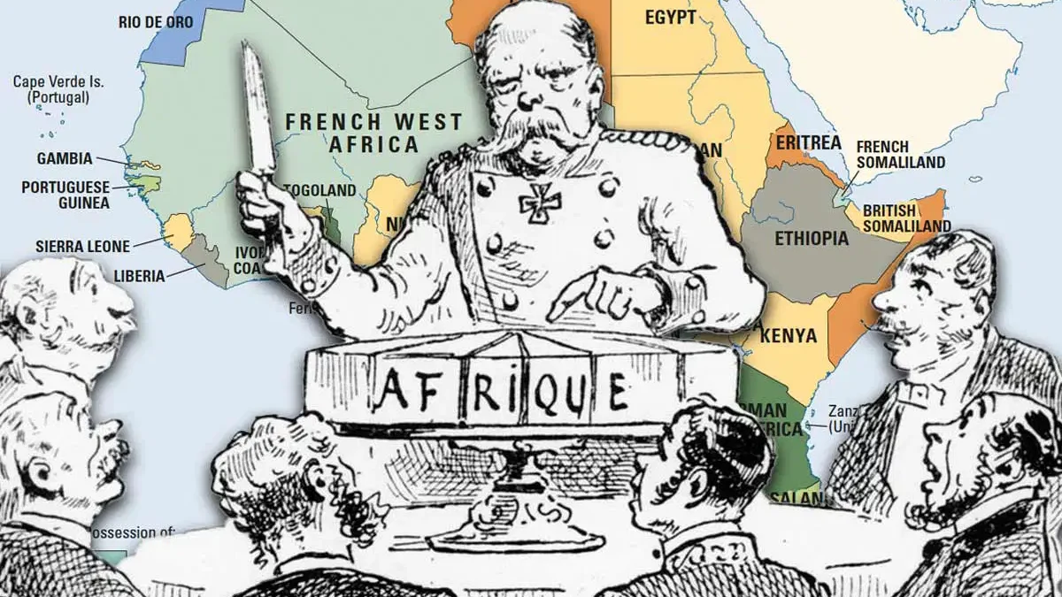 Comparative maps of colonial control in Africa in 1880 and in 1913.