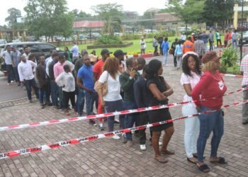 Voters queueing at a polling station in Africa.