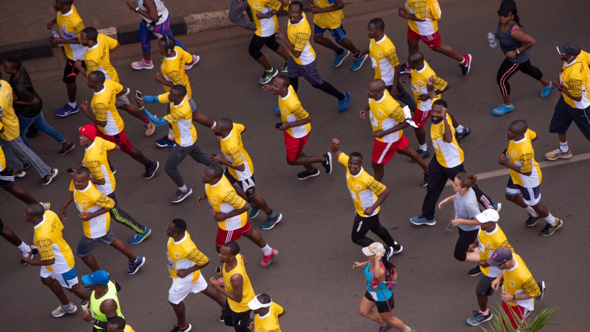 Aerial view of runners at the Kigali peace marathon, Rwanda.