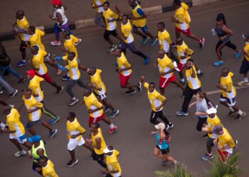 Aerial view of runners at the Kigali peace marathon, Rwanda.