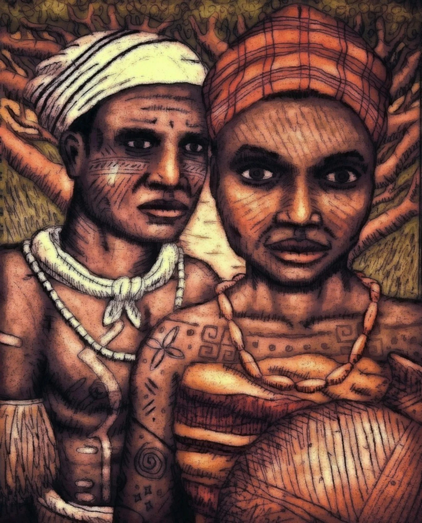 Depiction of an Igbo-Ukwu man and woman bearing uli and ichi markings.