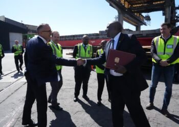 UK Foreign Secretary David Lammy at the port of Cape Town, South Africa.