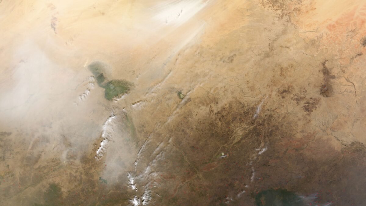 A dust storm rising from the Bodele Depression, Chad, photographed from orbit.