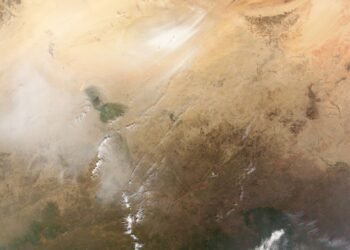 A dust storm rising from the Bodele Depression, Chad, photographed from orbit.
