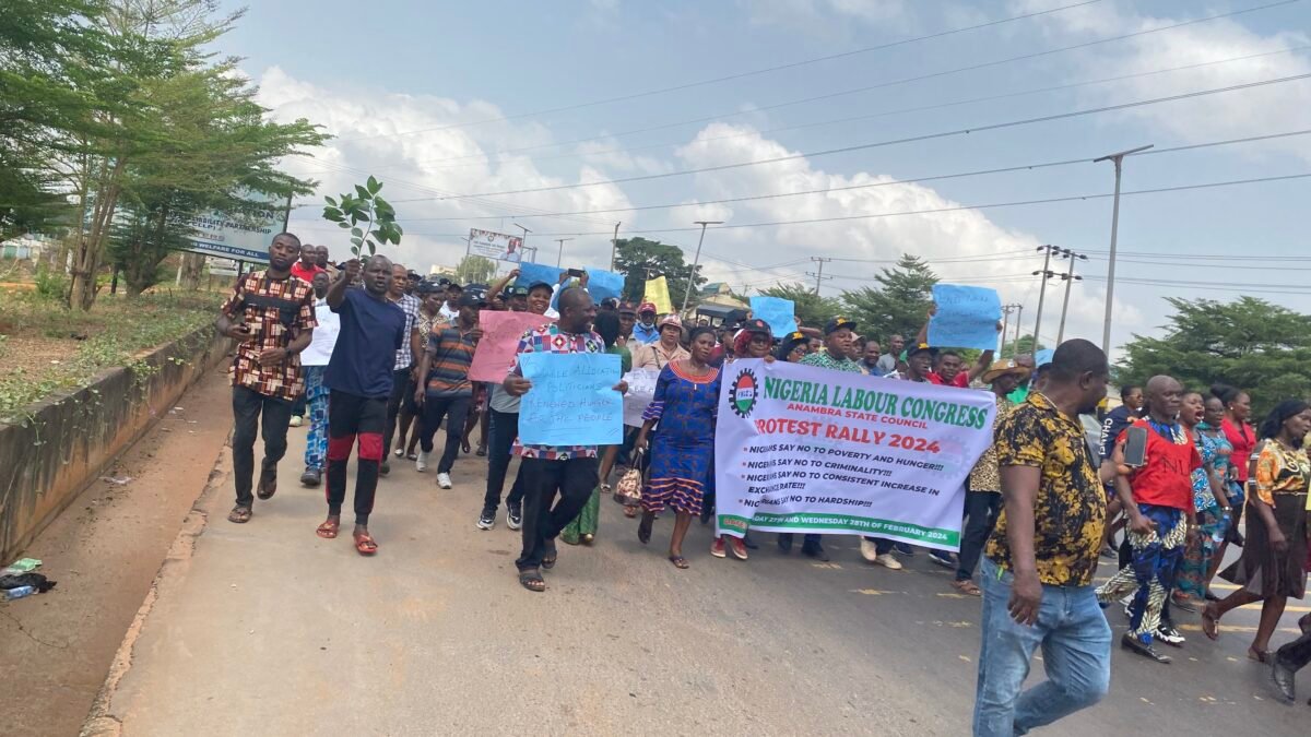 Nigerian Labour Congress protesters with placards.