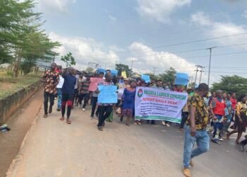 Nigerian Labour Congress protesters with placards.