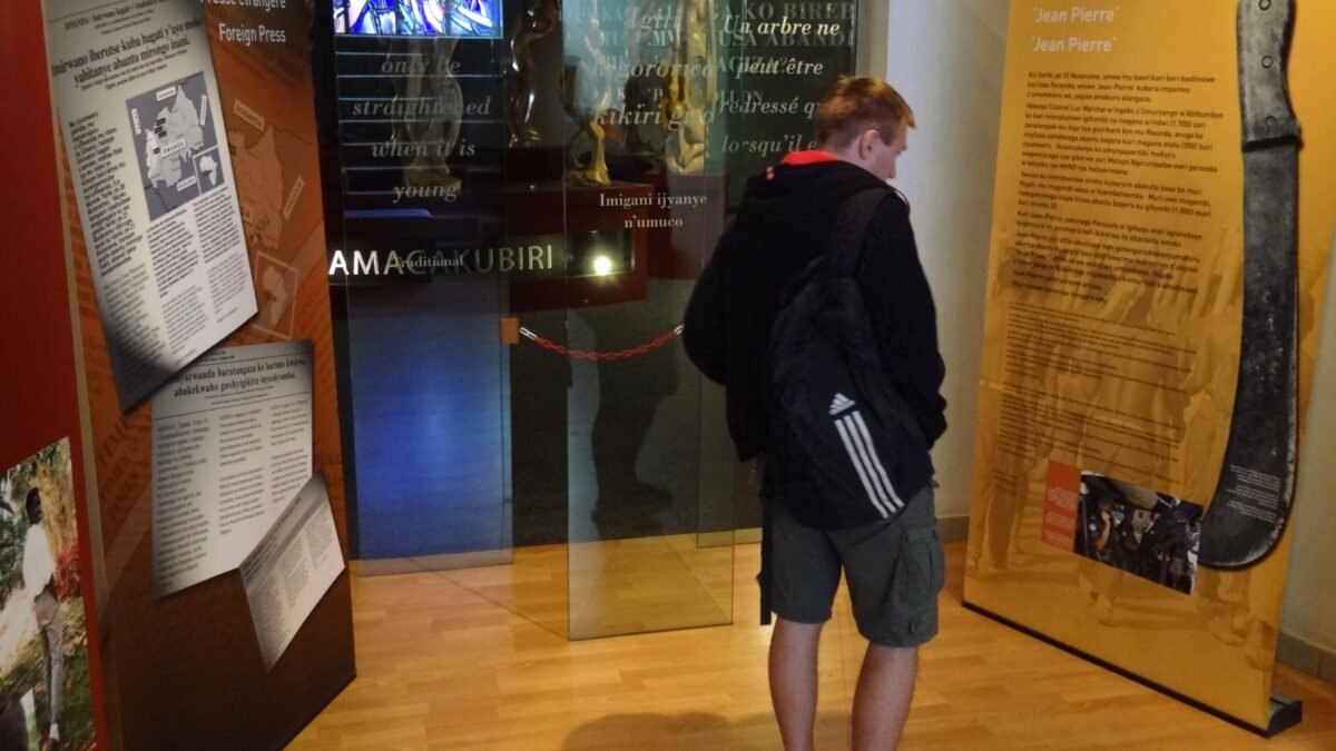 A visitor viewing exhibits at the Kigali Genocide Memorial Centre.