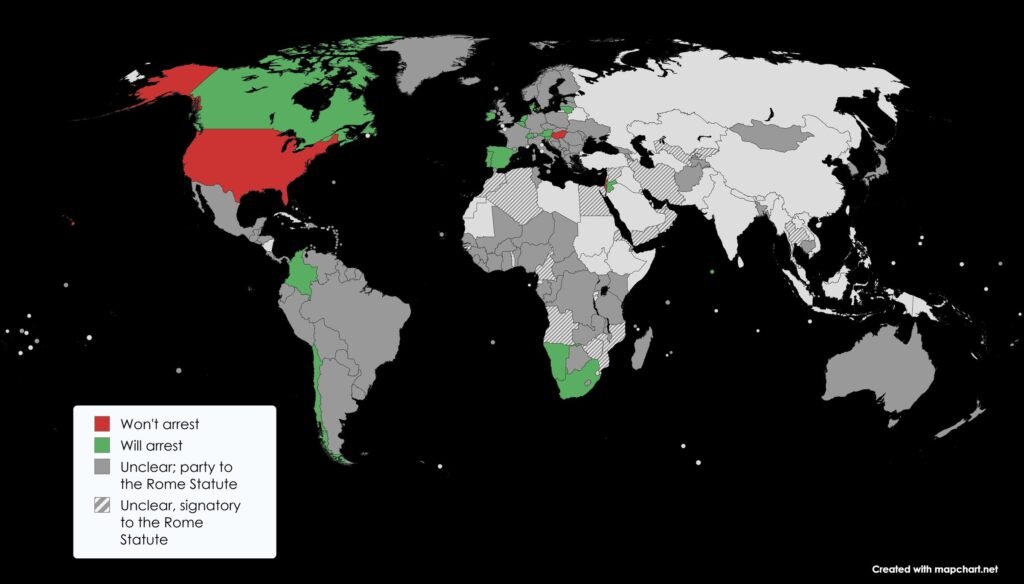 Map showing which states indicated they would execute the ICC arrest warrant.