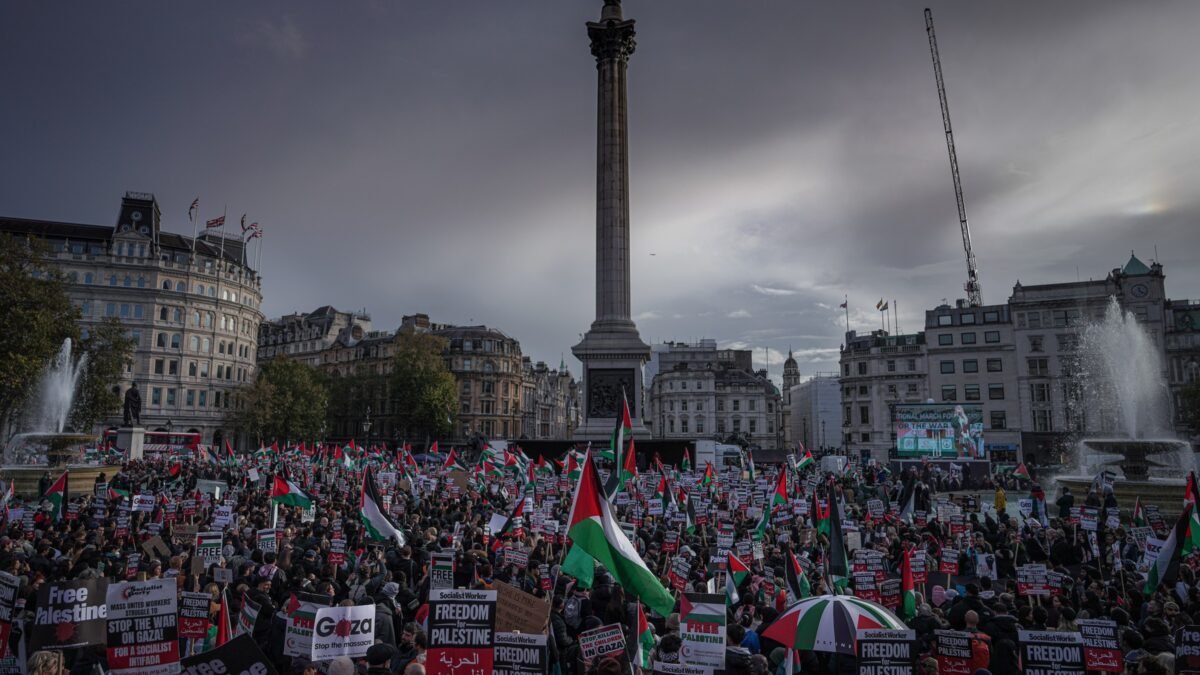 A large demonstration on Gaza in Trafalgar Square, London.