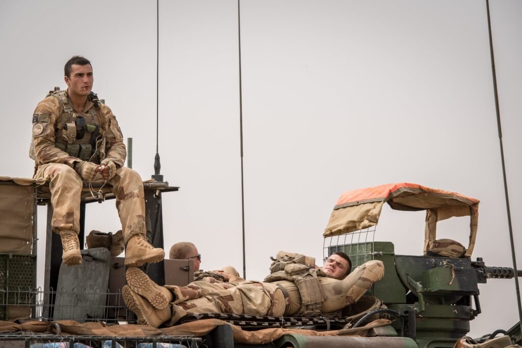 Demonstrators and a burning barricade on a street in Niamey, Niger.
