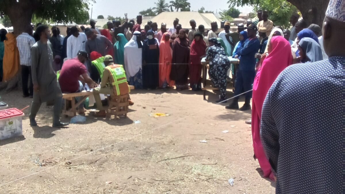 Voters queueing to cast their ballots at Pantami, Gombe State, Nigeria.