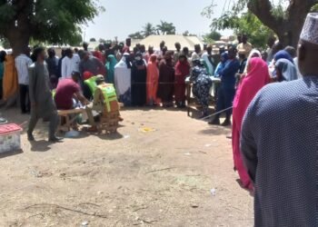 Voters queueing to cast their ballots at Pantami, Gombe State, Nigeria.