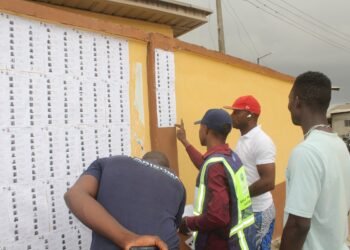 Voters checking their names on register sheets posted on a wall during Nigeria's 2023 elections.