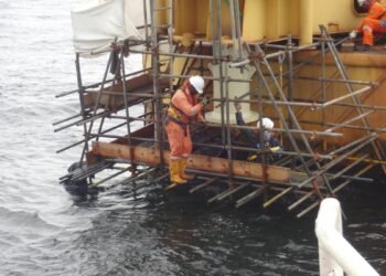 Engineering work on an offshore oil installation off Nigeria.