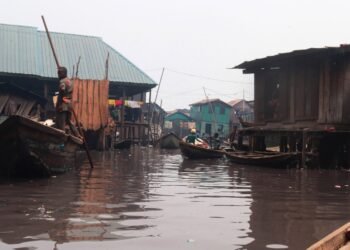 Stilt houses over the lagoon at Makoko, Lagos, Nigeria.
