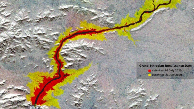 Satellite mapping of the reservoir extent behind the Grand Ethiopian Renaissance Dam.