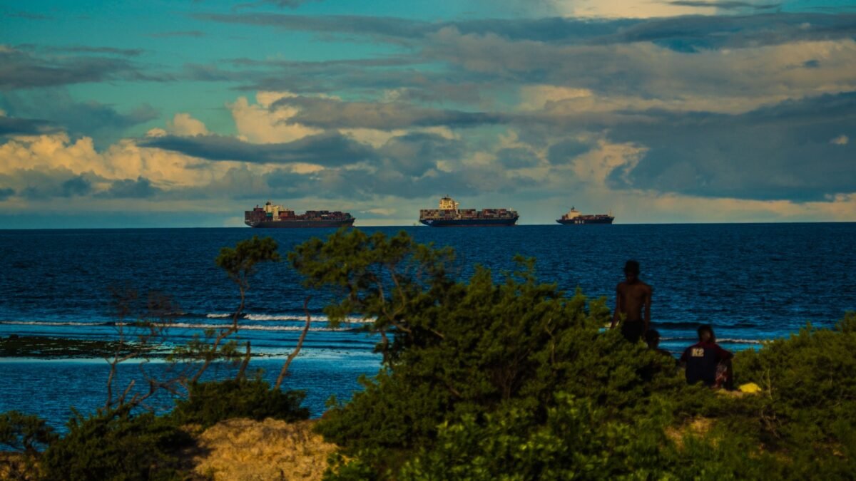 Container ships anchored off the coast at Coco Beach, Dar es Salaam.