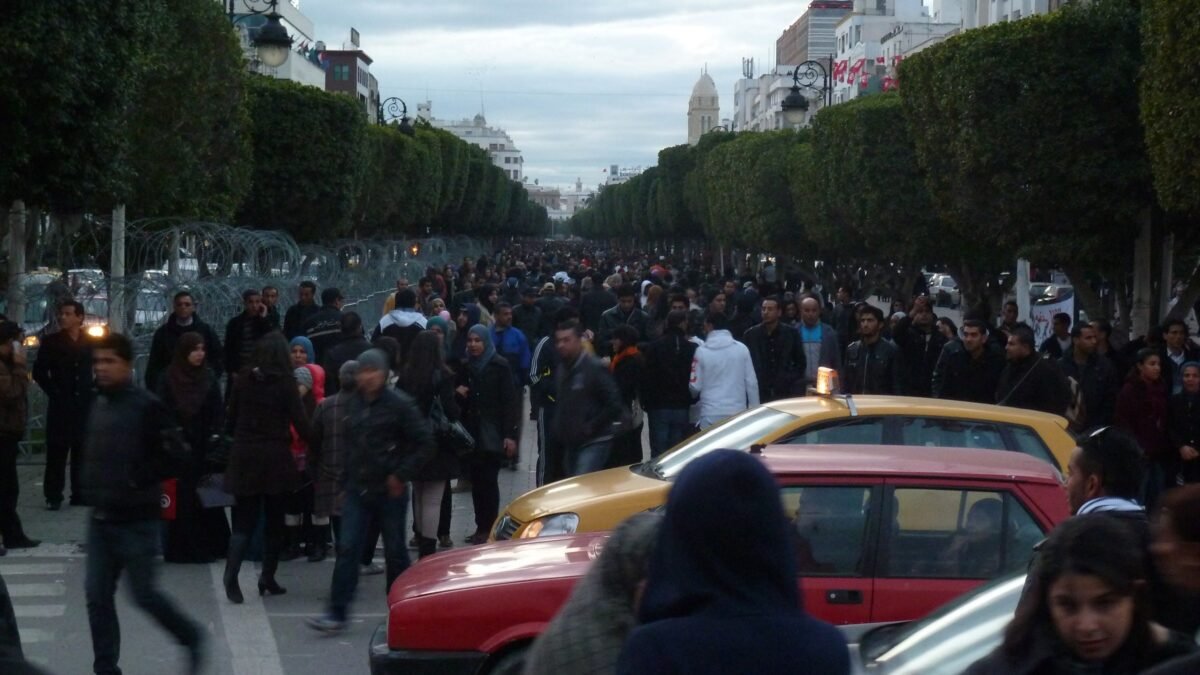 Crowds on Avenue Habib Bourguiba, Tunis, Tunisia.