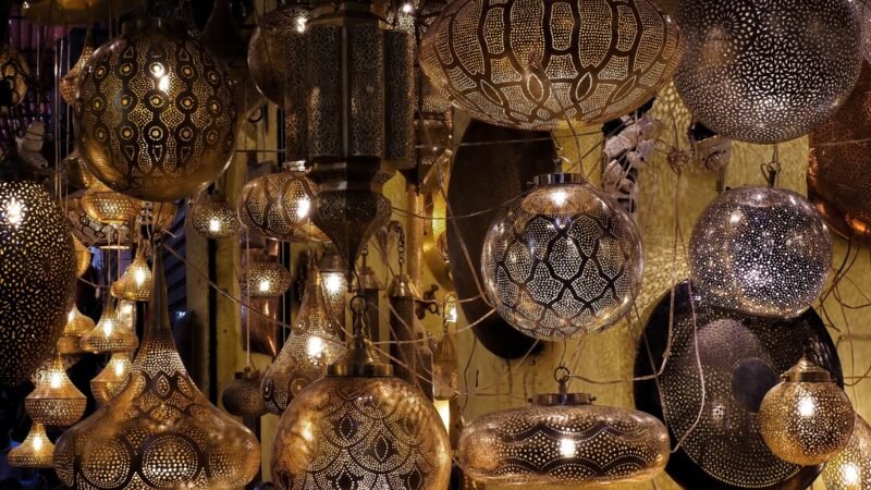 Hanging brass lanterns in the Souk Haddadine, Marrakech medina, Morocco.