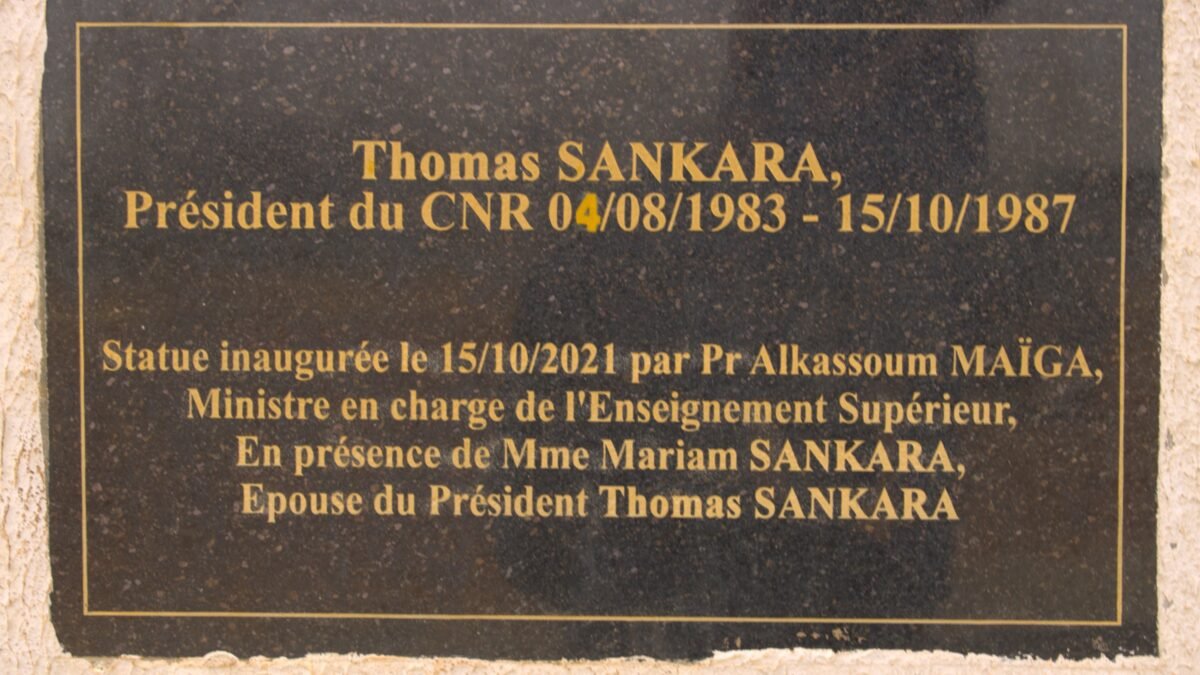 The plaque on the memorial bust of Captain Thomas Sankara in Ouagadougou, Burkina Faso.