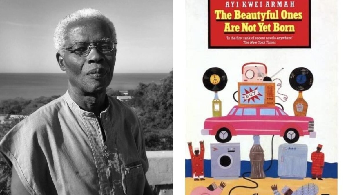 Ayi Kwei Armah beside the cover of his novel The Beautyful Ones Are Not Yet Born.