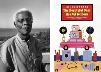 Ayi Kwei Armah beside the cover of his novel The Beautyful Ones Are Not Yet Born.