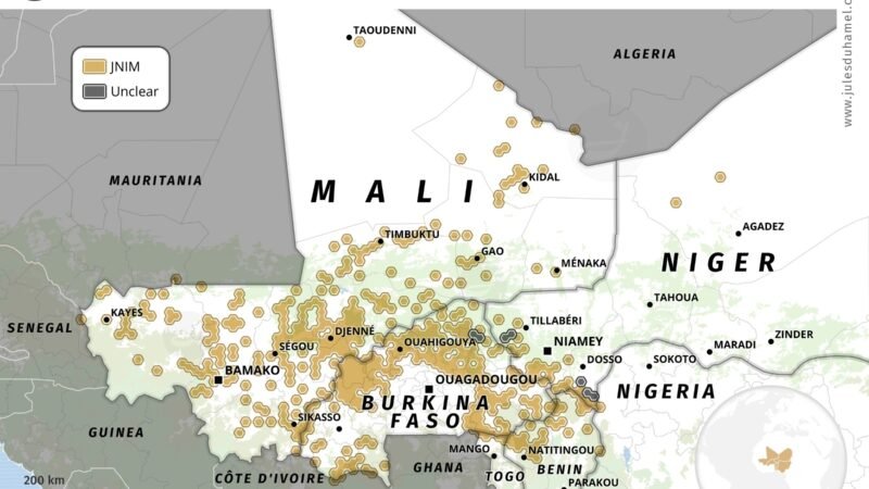 Map of armed group activity across the central Sahel.