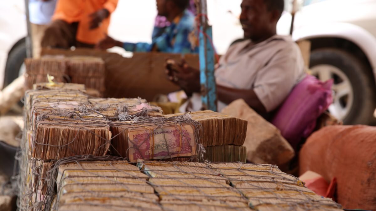 Bundles of Somaliland shillings stacked at an open-air money market in Hargeisa.