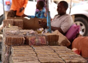 Bundles of Somaliland shillings stacked at an open-air money market in Hargeisa.