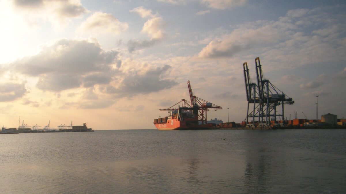 The container terminal at the Port of Djibouti at dusk.