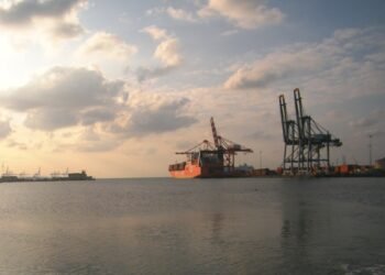 The container terminal at the Port of Djibouti at dusk.