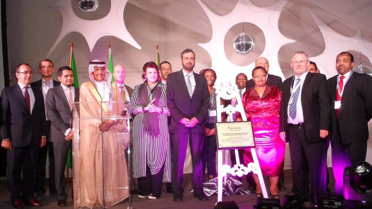 A group at the launch of the Bokpoort concentrated solar power plant in 2016.
