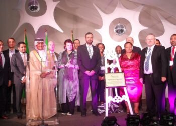 A group at the launch of the Bokpoort concentrated solar power plant in 2016.