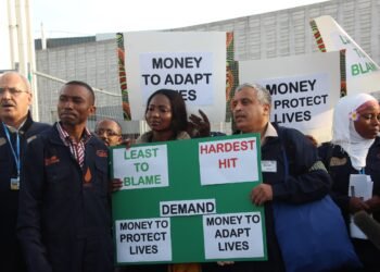 Campaigners at COP21 holding placards demanding adaptation and loss and damage finance for Africa.