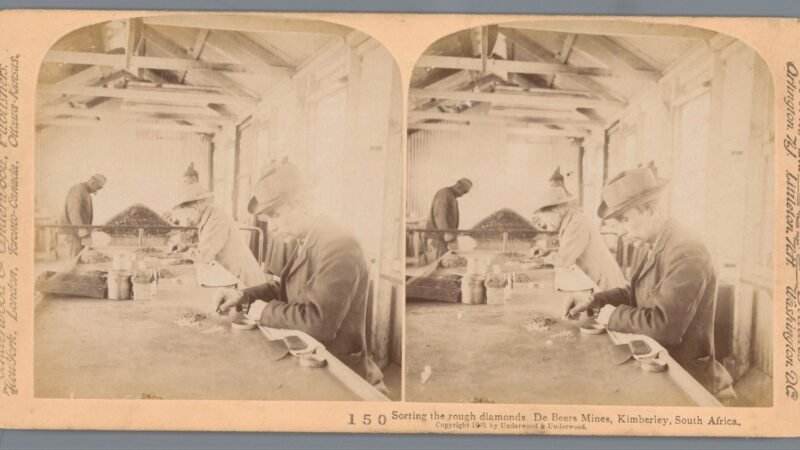A nineteenth-century stereograph of diamond sorters at a De Beers mine in Kimberley, South Africa.