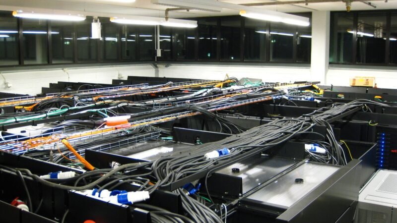 Server racks and cabling in a data centre hall.