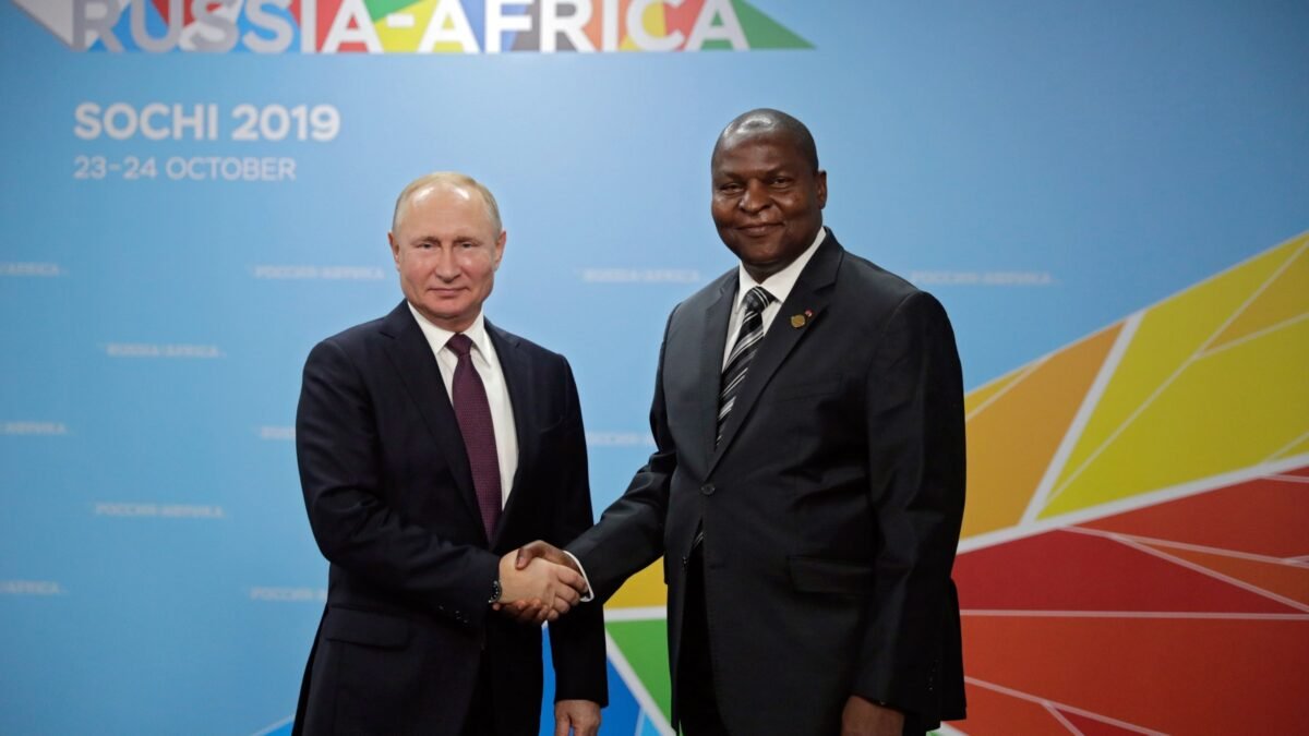 Vladimir Putin with the President of the Central African Republic at the Russia-Africa summit in Sochi, 2019.