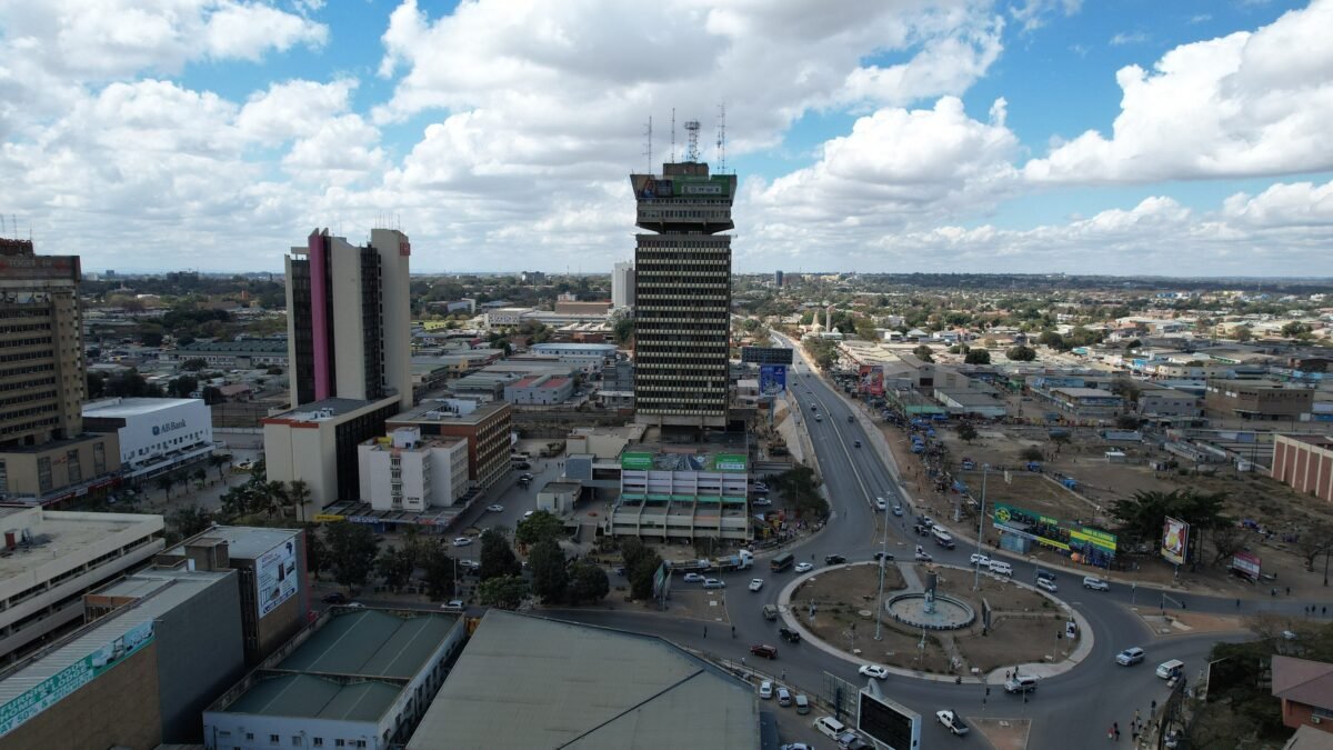 An aerial view of the Kafue roundabout and the Lusaka skyline.