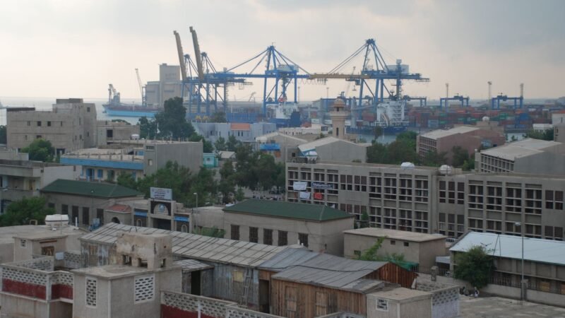 Cranes and container handling at Port Sudan harbour.