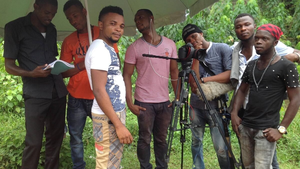 A film crew shooting a Nollywood production on location in Awka, Nigeria.