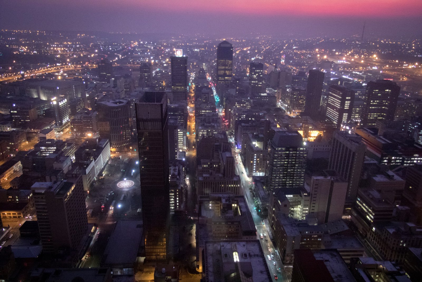 The Johannesburg inner city at dusk.